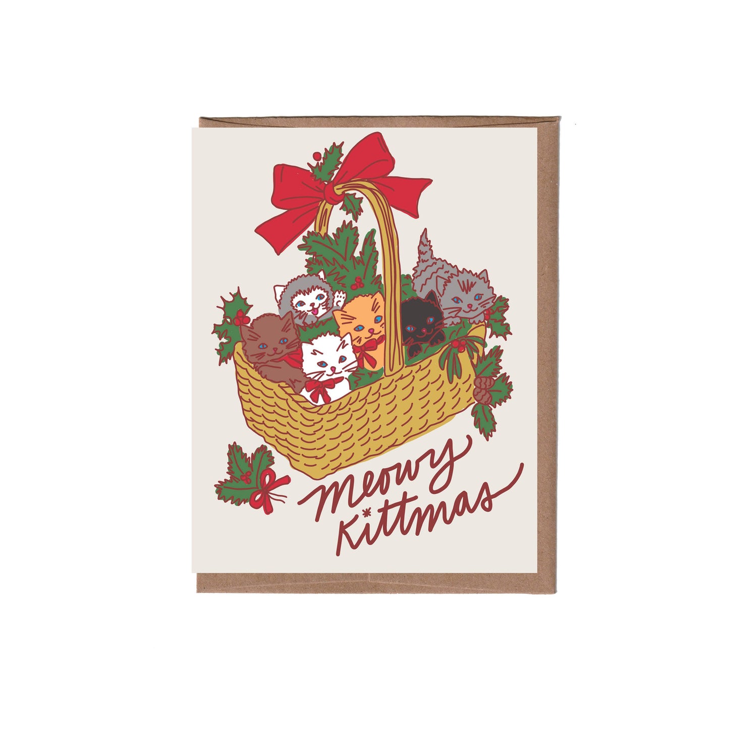 Vintage Cat Basket Christmas Greeting Card - Solo