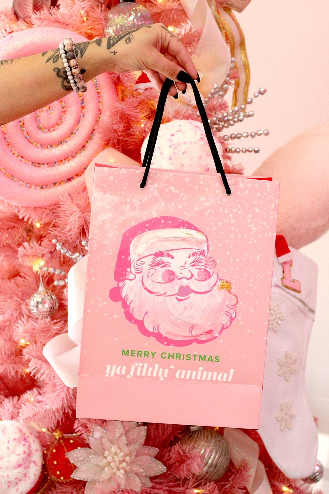 Funny Cute Santa Pink Christmas Holiday Gift Bag Stocking