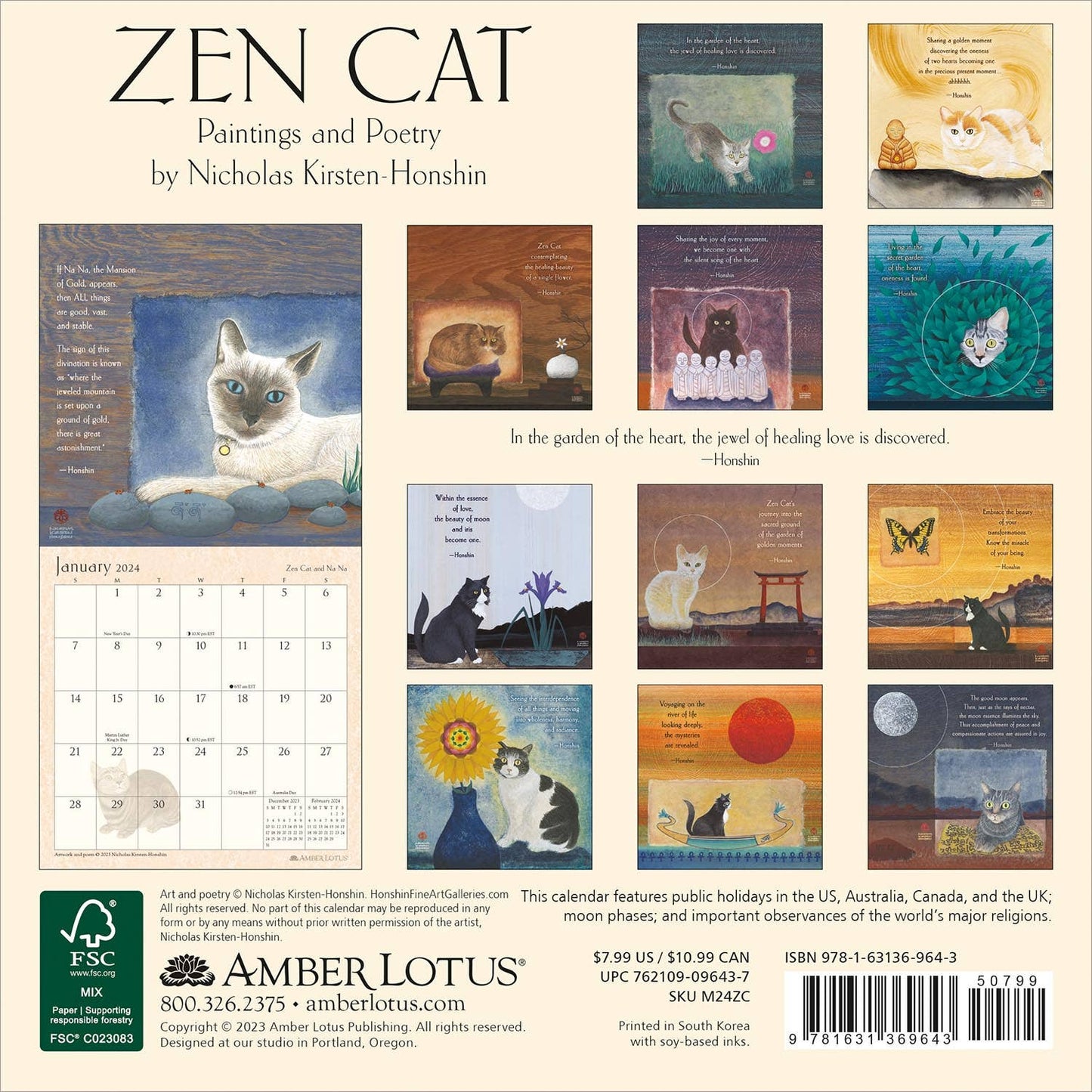 Zen Cat 2024 Mini Wall Calendar by Nicholas Kirsten-Honshin