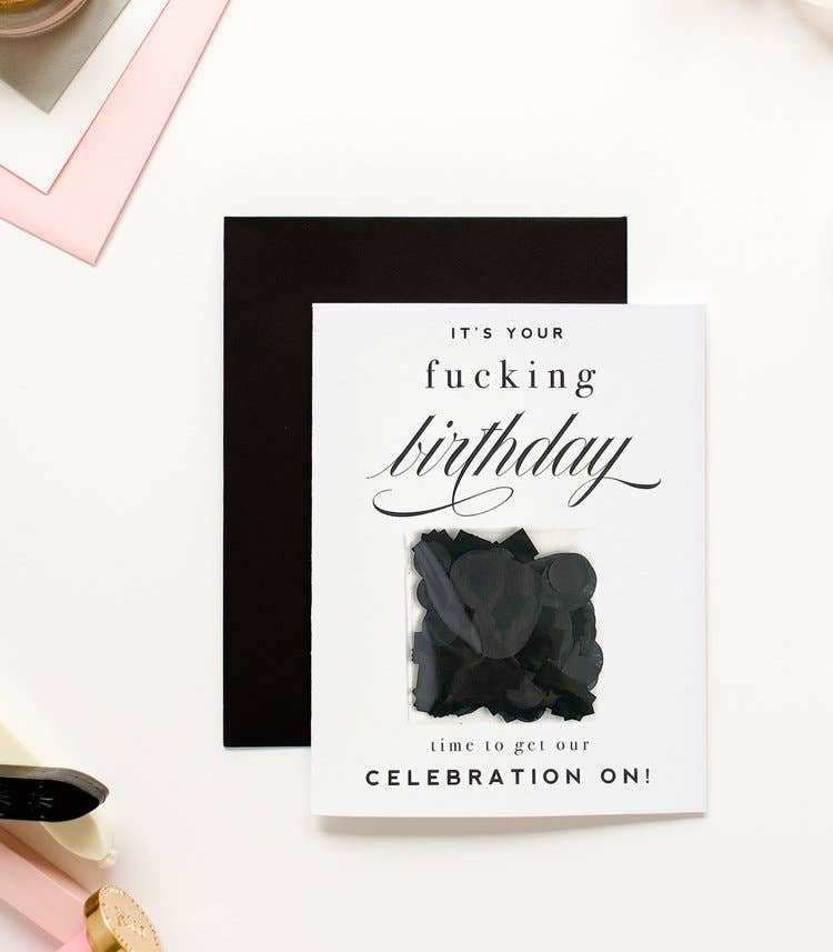 It's Your F-ing Birthday, Funny Black Confetti Greeting Card