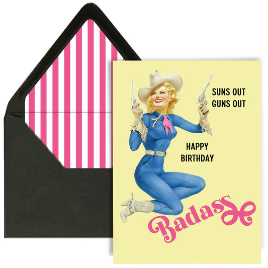 Western Pinup Cowgirl with Guns Happy Birthday Badass Card