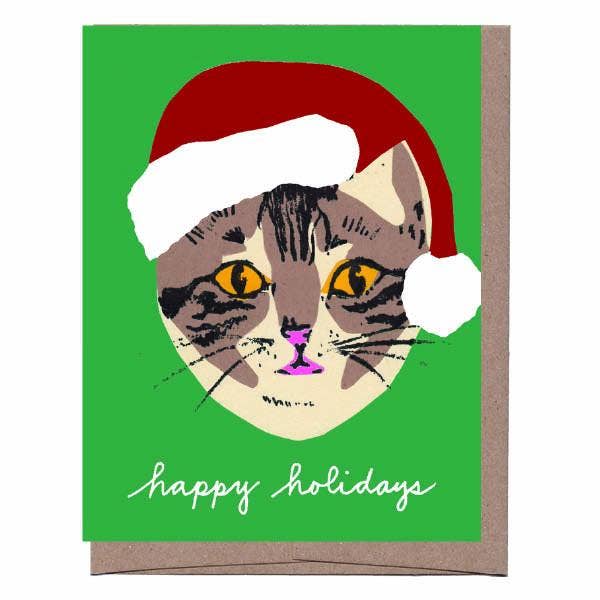 Green Cat in Santa Hat Christmas Greeting Card - Solo