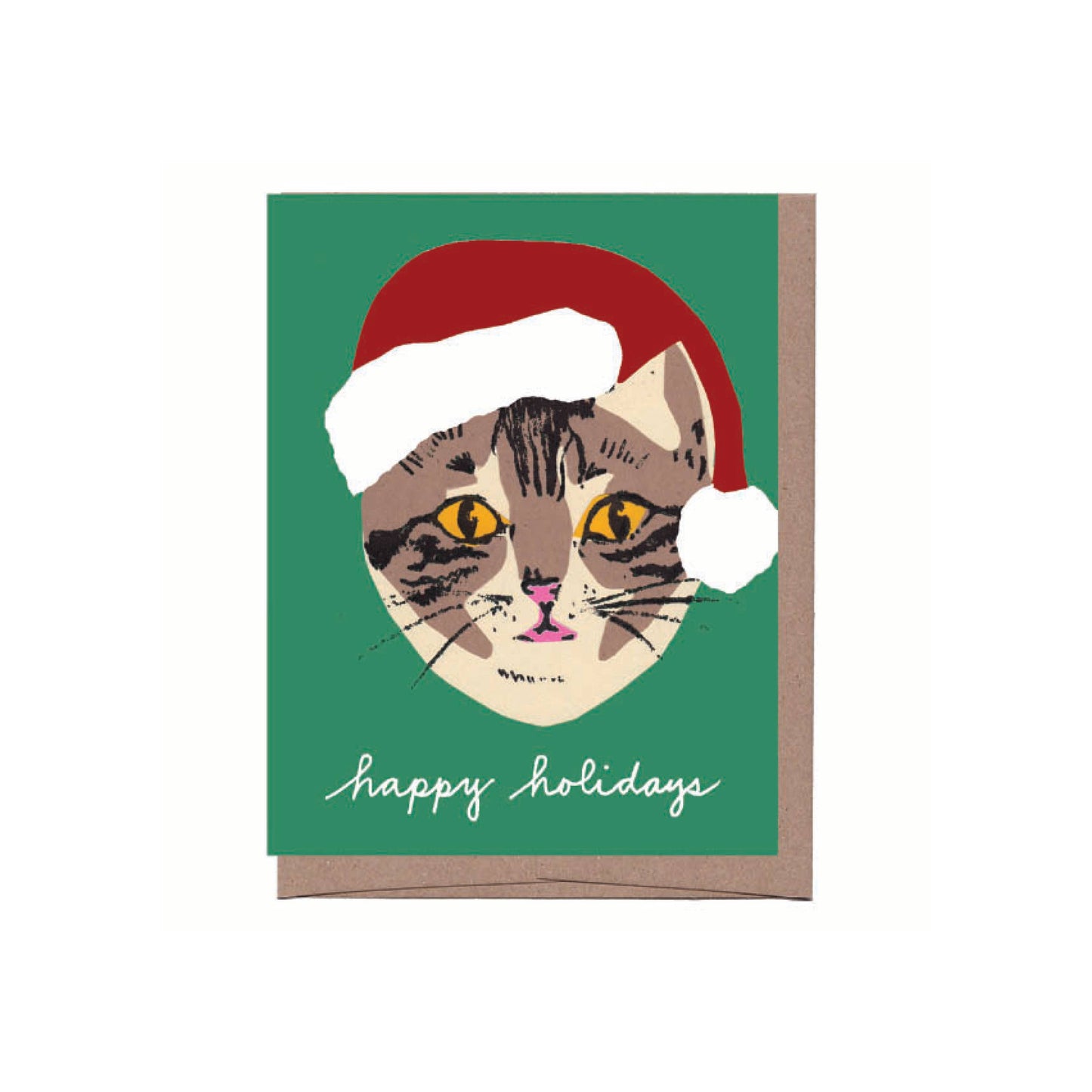 Green Cat in Santa Hat Christmas Greeting Card - Solo