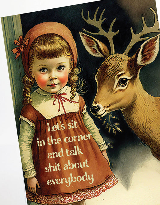 Let's Talk Shit Greeting Card - Funny Retro Girl with Deer