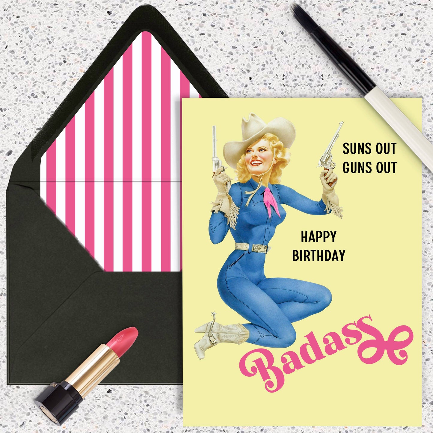 Western Pinup Cowgirl with Guns Happy Birthday Badass Card