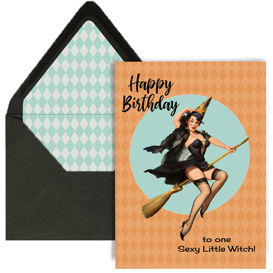 Sexy Little Witch Vintage Pinup Halloween Birthday Card