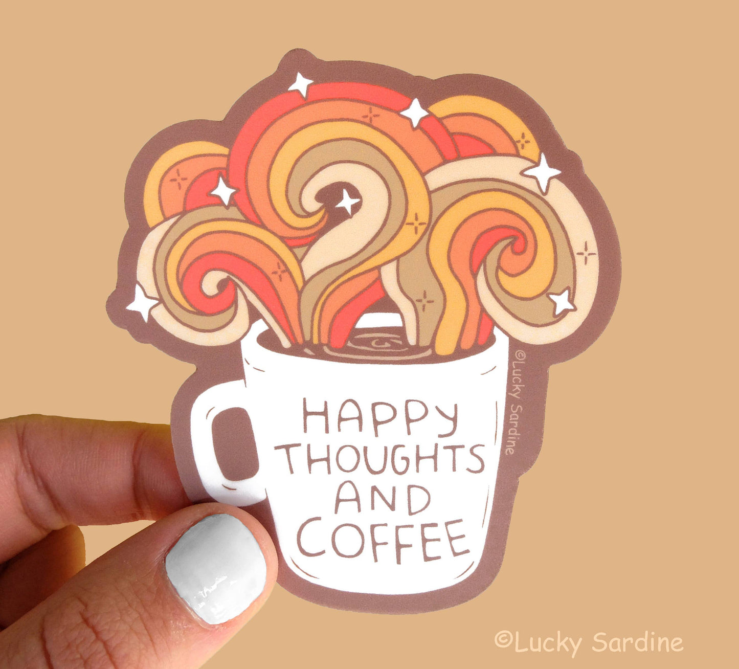 Happy Thoughts and Coffee, Retro Rainbow Vinyl Sticker