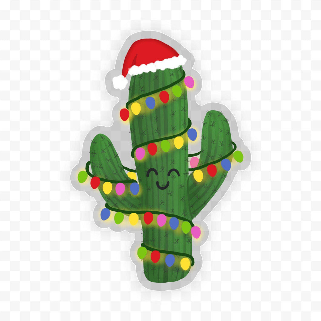 Cactus Wearing Christmas Lights - Clear Holiday Sticker