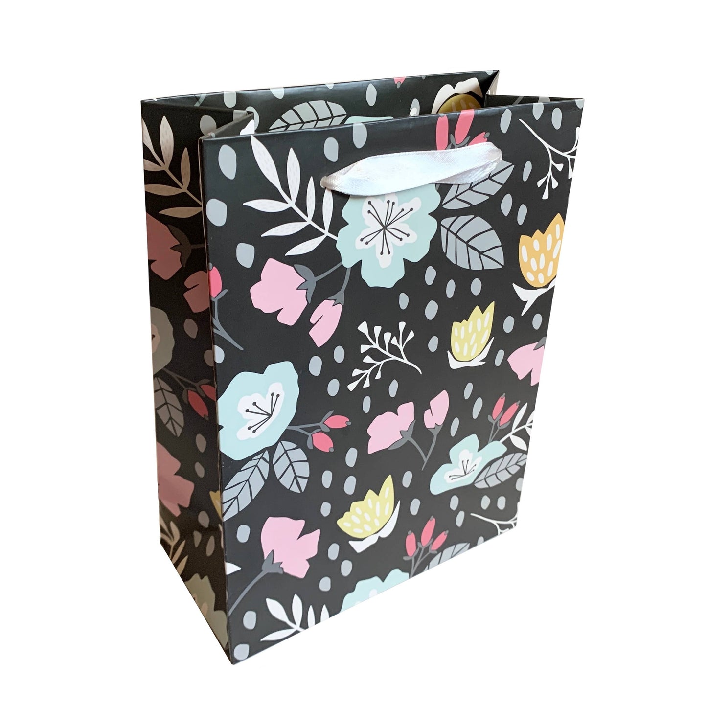 Small Black Floral Gift Bag (7" x 9.5" x 3.4")