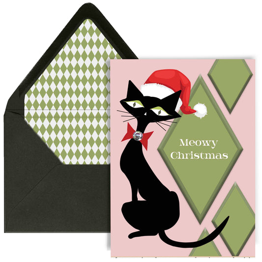 Meowy Christmas Retro Black Cat Greeting Card