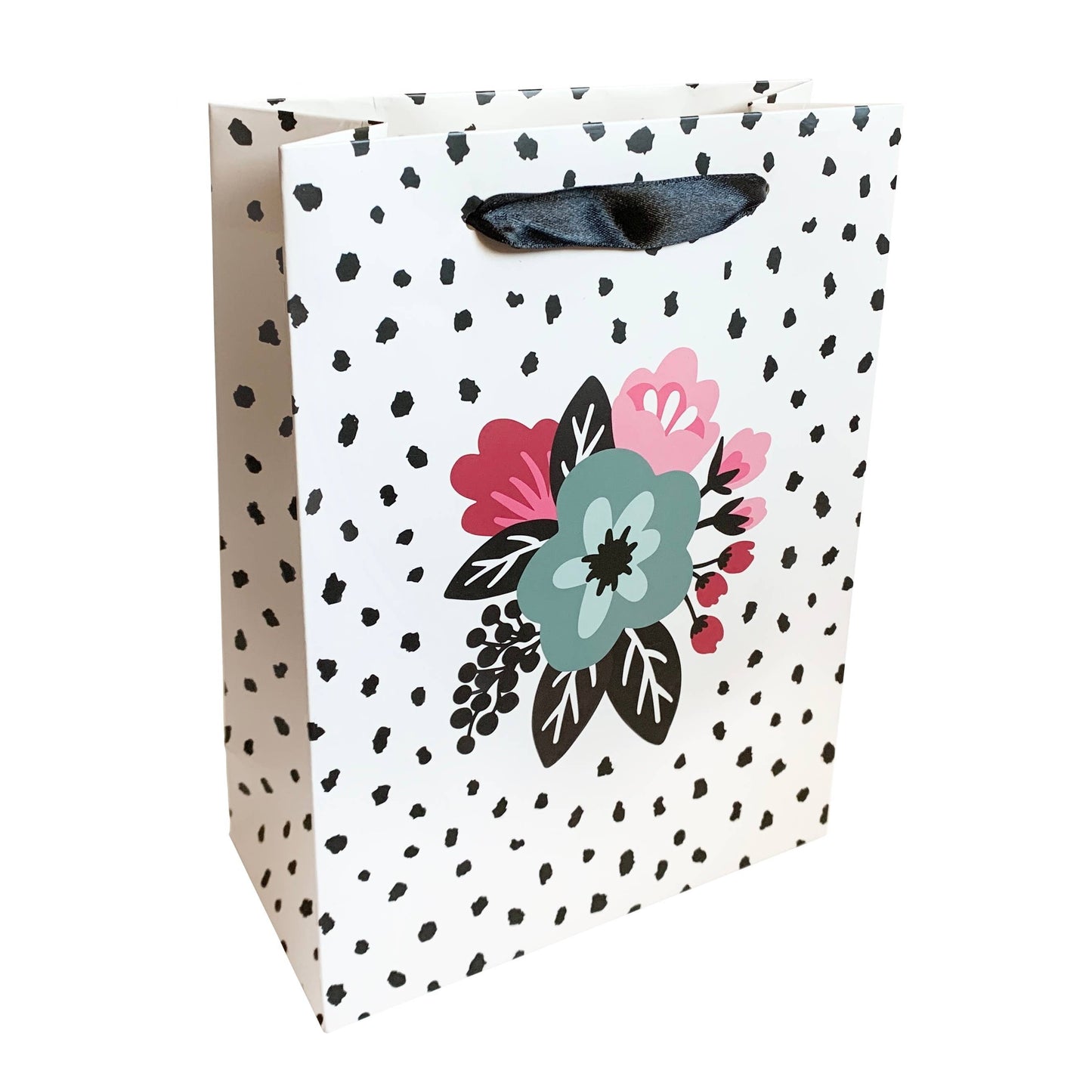 Small White Dot & Floral Gift Bag (7" x 9.5" x 3.4")